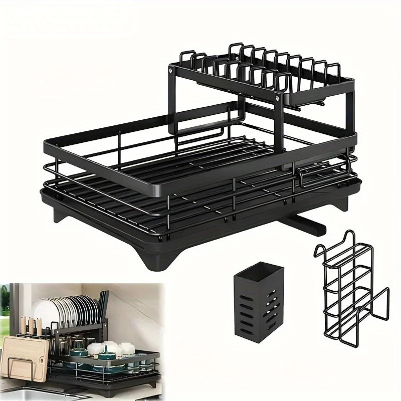 Double-tier extendable dish drainer, suitable for kitchen worktops as a large-capacity utensil rack and draining board.