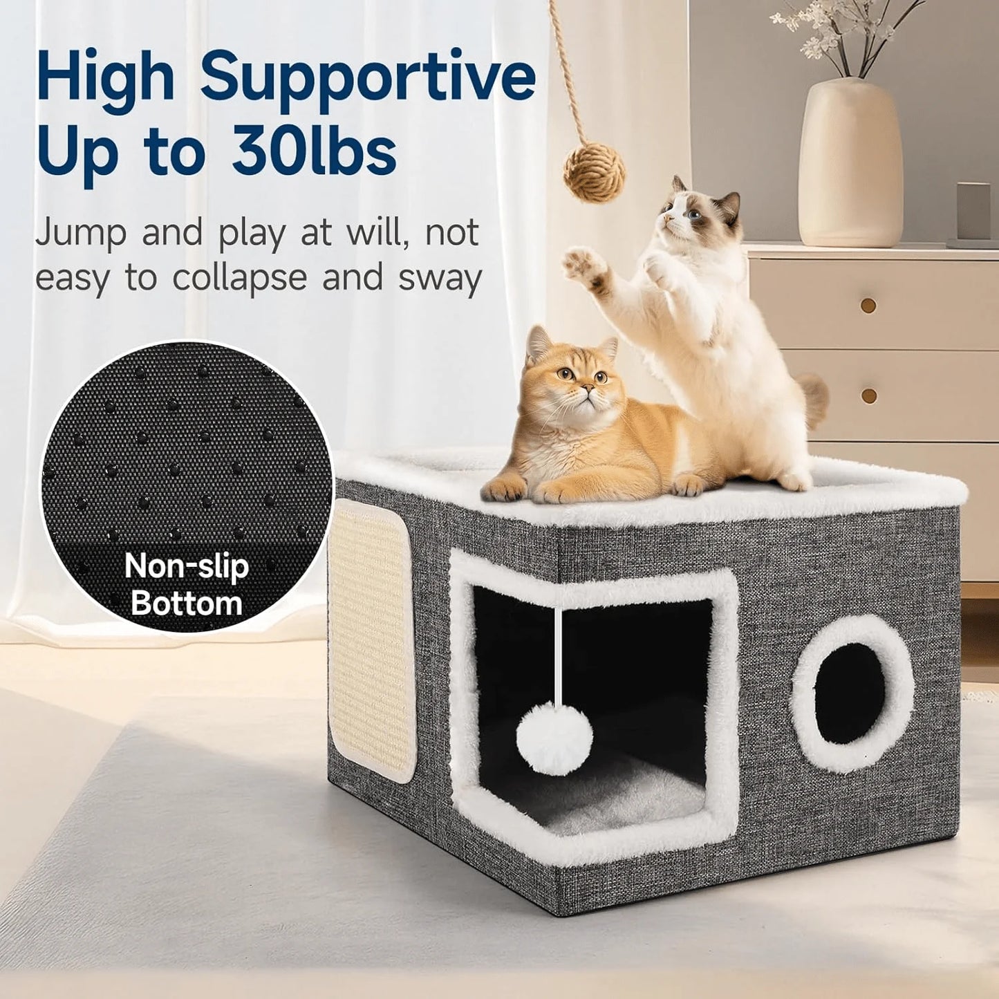 A Cat Bed Suitable For Indoor Cats, With A Large Cat Hole For A Comfortable Apartment, Fluffy Hanging Balls, Round Windows, A Fo