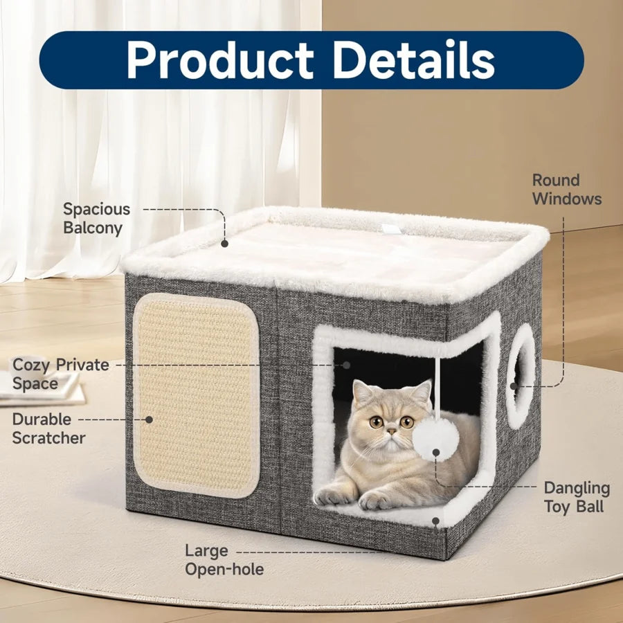 A Cat Bed Suitable For Indoor Cats, With A Large Cat Hole For A Comfortable Apartment, Fluffy Hanging Balls, Round Windows, A Fo