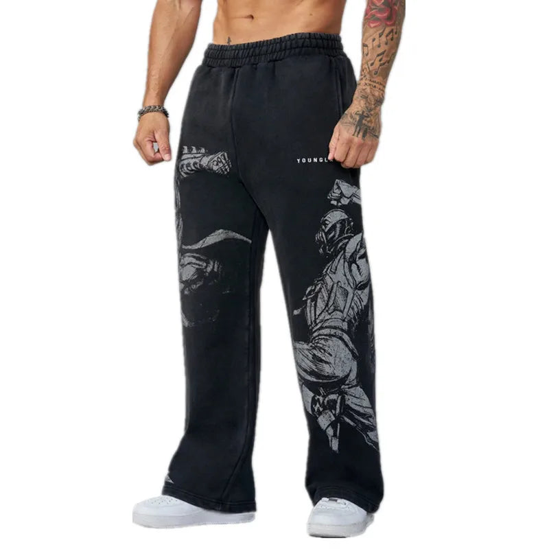 Men's Autumn 2026 NEW Cotton Sweatpants Anime Graphic Print Wide Leg Pants Loose Drawstring Casual Streetwear Hip Hop Trousers