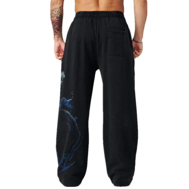 Men's Autumn 2026 NEW Cotton Sweatpants Anime Graphic Print Wide Leg Pants Loose Drawstring Casual Streetwear Hip Hop Trousers