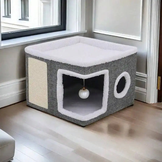 A Cat Bed Suitable For Indoor Cats, With A Large Cat Hole For A Comfortable Apartment, Fluffy Hanging Balls, Round Windows, A Fo