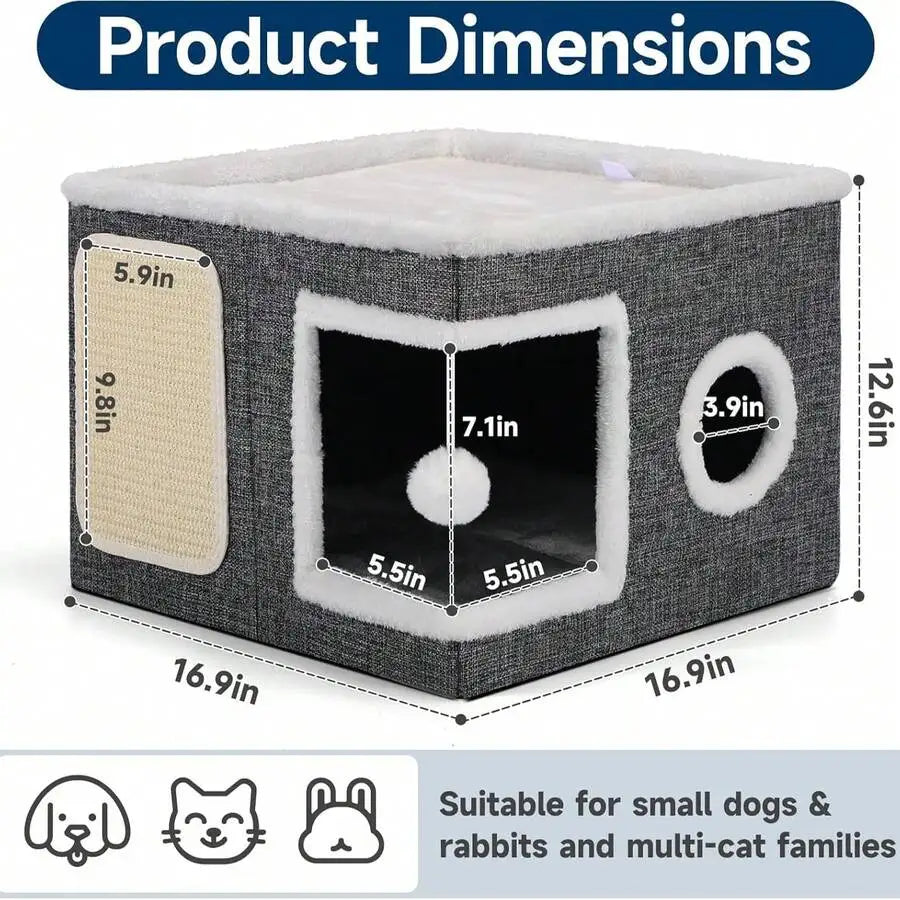 A Cat Bed Suitable For Indoor Cats, With A Large Cat Hole For A Comfortable Apartment, Fluffy Hanging Balls, Round Windows, A Fo