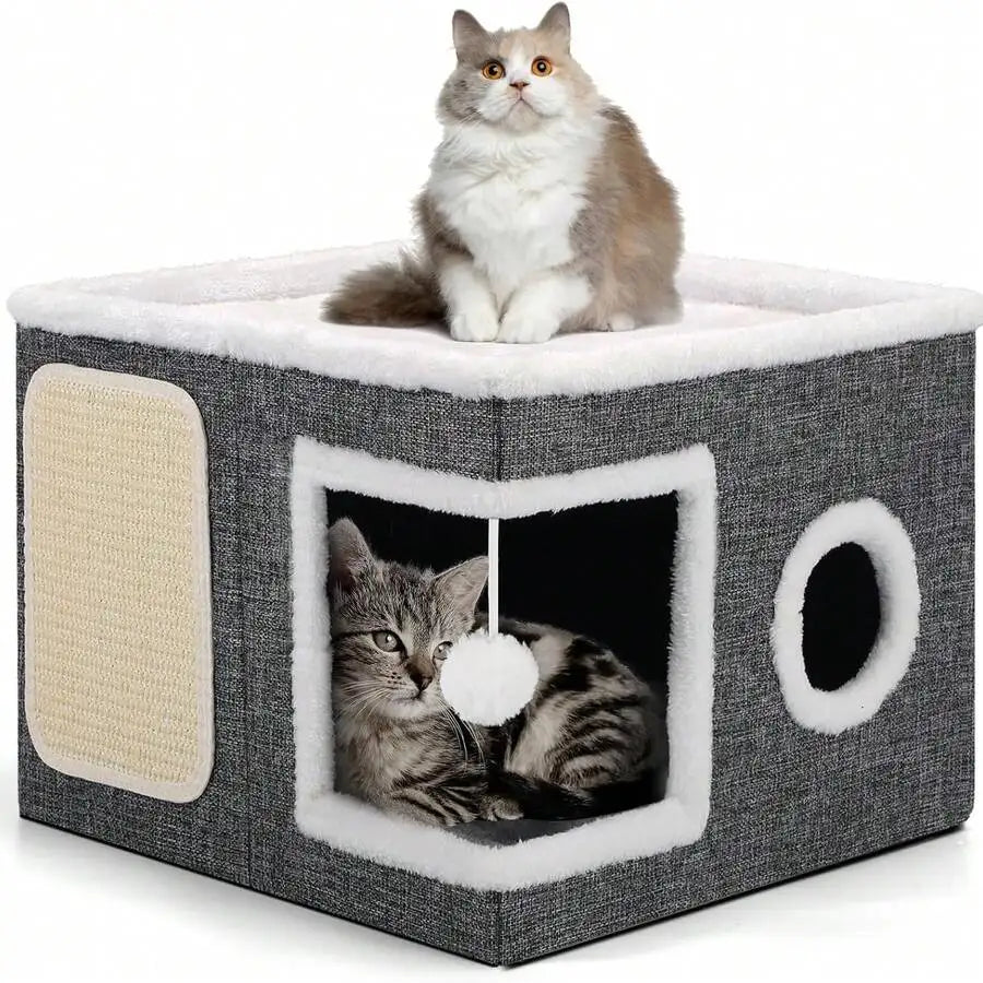 A Cat Bed Suitable For Indoor Cats, With A Large Cat Hole For A Comfortable Apartment, Fluffy Hanging Balls, Round Windows, A Fo