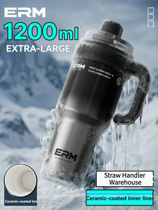 1200ML Extra Large Ceramic Tumbler Drinkware Stainless Steel Water Bottle Insulated Vacuum Flask Straw & Handle Leakproof